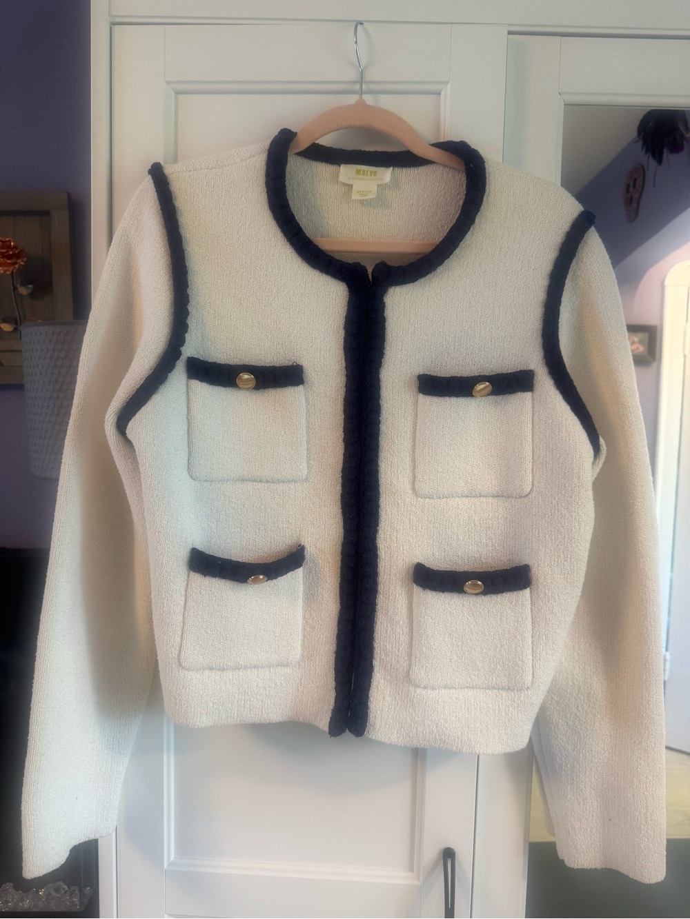 Maeve Anthro Bouclé Sweater Jacket with Navy Trim
